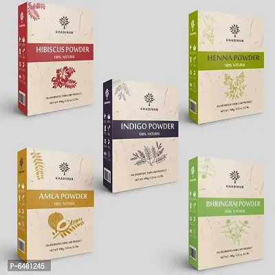 Khadihub Pack Of 5, Indigo, Hibiscus, Henna, Amla And Bhringraj Powder, Each 100gm X 5 Pack