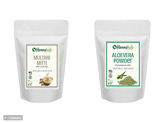 HENNAHUB Pure Herbal Organic Multani Mitti (Fuller's Earth) Powder with Aloe Vera Powder for Face Pack, Skin Care, Deep Pore Cleansing, Natural Glowing Skin Face Mask- Pack of 2 each 200gm