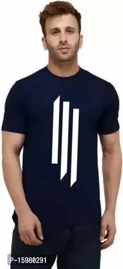 Reliable Navy Blue Cotton Printed Round Neck Tees For Men-thumb0