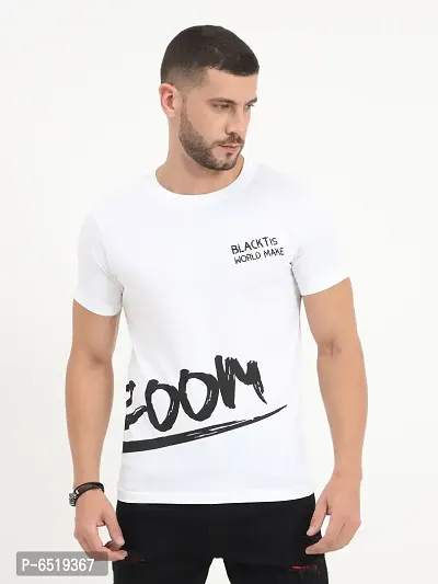 Stylish Cotton White Printed Round Neck Half Sleeves T-shirt For Men