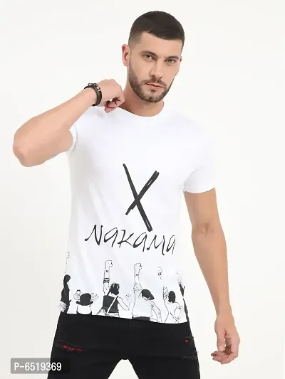 Stylish Cotton White Printed Round Neck Half Sleeves T-shirt For Men