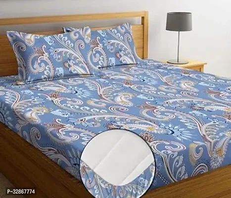 Beautiful Printed Blue Glace Cotton 1 Bedsheet + 2 Pillowcovers-thumb0