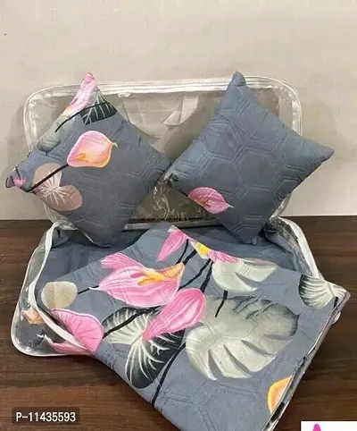 Classic Glace Cotton Printed Double Bedsheet with Quilted Pillow Covers and Cushion Cover, Pack of 5