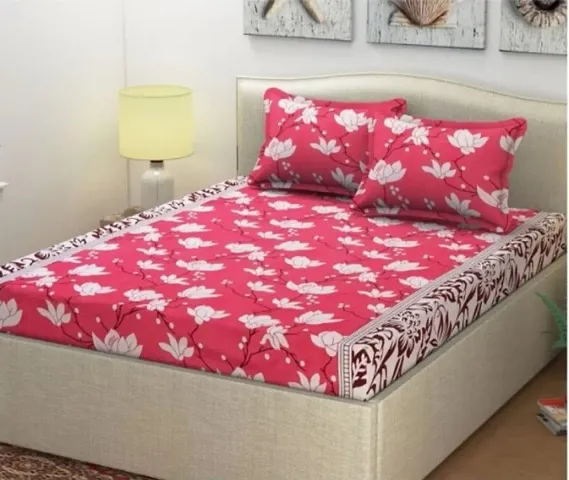 Cotton Villas 3D Pink Patti Pattern Printed Bedsheet for Double Bed with 2 Pillow Cover Microfiber and Cotton Mix Color White (88 X 88 inch )