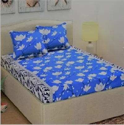 Cotton Villas 3D White Rose Pattern Printed Bedsheet for Double Bed with 2 Pillow Cover Microfiber and Cotton Mix Color White (88 X 88 inch )