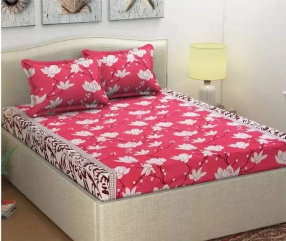 Cotton Villas 3D Pink Patti Pattern Printed Bedsheet for Double Bed with 2 Pillow Cover Microfiber and Cotton Mix Color White (88 X 88 inch )