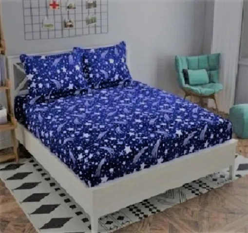 Cotton Villas 3D Printed Microfiber Star Blue Bedsheet for Double Bed with 2 Pillow Cover Microfiber and Cotton Mix Color White (88 X 88 inch )