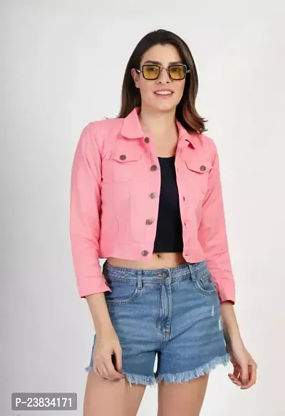 Elegant Pink Denim Solid Jackets For Women-thumb0