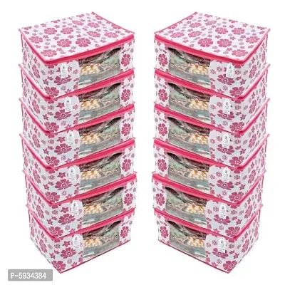 Pack of 12 Non Woven Saree Cover/ Saree Bag/ Storage Bag / Front Transparent Window / Floral Print Pattern Pink Color