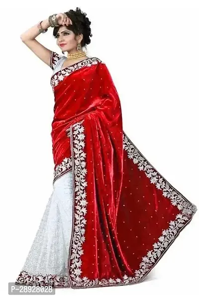 Beautiful Red Velvet Self Pattern Saree With Blouse Piece For Women-thumb0