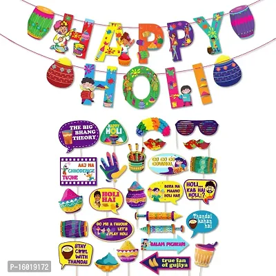 Festiko? Holi Decoration Combo (Set of 28 Pcs) - 1 Pc Happy Holi Banner, 27 Pcs Holi Photobooth Props, Happy Holi Decorations, Holi Party Supplies-thumb0
