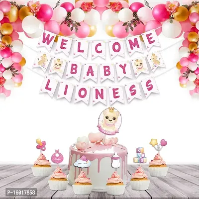 Festiko? 111 Pcs Welcome Baby Lioness Theme Decoration Party Combo for Welcoming New Born Girl/Boy, Baby Lioness Welcome Party Items (Balloons Arch Kit, Cake Topper, Cupcake Toppers  Banner)