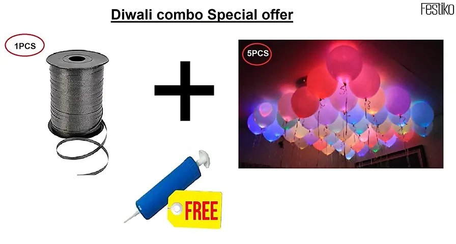 Festiko Diwali Perfect Combo decoration/5pcs LED Balloons/ 225M 1pcs Balloon Curling Ribbon/with 1pcs Free Mini Balloons Pump (Pack of 7)