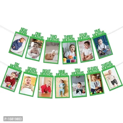 Festiko? New Born-Twelve Months Photo Banner Light Green (1 Set of Photo Banner  Ribbon), First Birthday Photo Banner For Kids, Monthly Milestone Photograph Bunting Garland