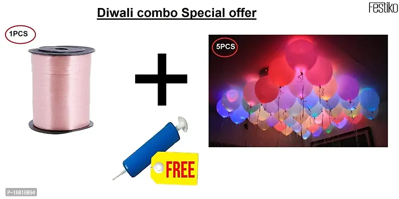 Festiko Curing Ribbon Balloons Combo for Diwali decoration/5pcs LED balloons/225M 1pcs Balloon Curling Ribbon/with 1pcs Free Mini Balloons Pump (Pack of 7)(Light Pink)