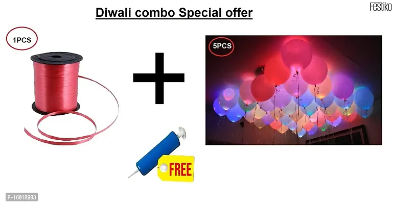 Festiko Curing Ribbon Balloons Combo for Diwali decoration/5pcs LED balloons/225M 1pcs Balloon Curling Ribbon/with 1pcs Free Mini Balloons Pump (Pack of 7) (Red)