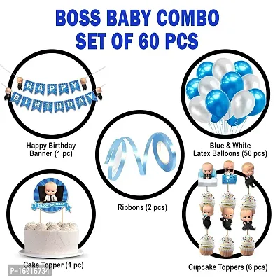 Festiko Boss Baby Theme Birthday Decorations 60 Pcs Combo Set- Boys/Kids Birthday Decorations Supplies- Happy Birthday Banner, Latex Balloons, Cake Toppers, Baby Boss Cup Cake Topper, Ribbons (Blue)-thumb2