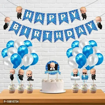 Festiko Boss Baby Theme Birthday Decorations 60 Pcs Combo Set- Boys/Kids Birthday Decorations Supplies- Happy Birthday Banner, Latex Balloons, Cake Toppers, Baby Boss Cup Cake Topper, Ribbons (Blue)