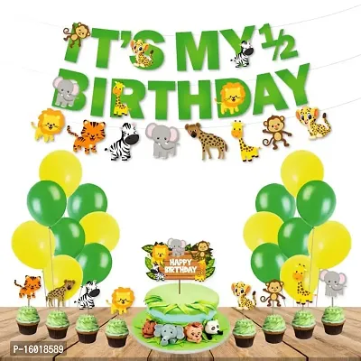 Festiko? 35 Pcs Jungle Theme Happy Birthday Banner, Cake  Cupcake Toppers, Balloons, Jungle Theme It's My 1/2 Birthday Combo Decoration, Jungle Safari Theme Decorations-thumb0