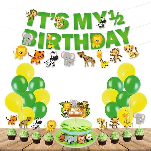 Festiko? 35 Pcs Jungle Theme Happy Birthday Banner, Cake  Cupcake Toppers, Balloons, Jungle Theme It's My 1/2 Birthday Combo Decoration, Jungle Safari Theme Decorations