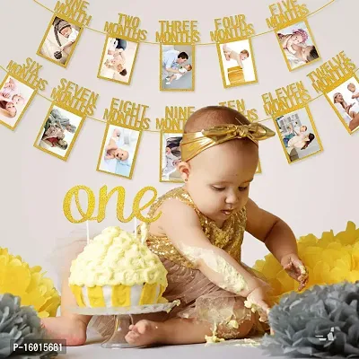 Festiko 1st Birthday Baby Photo Banner for Newborn to 12 Months, with ONE Banner, And Cake Topper, Monthly Milestone Photograph Bunting Garland First Birthday Celebration Decoration-thumb2