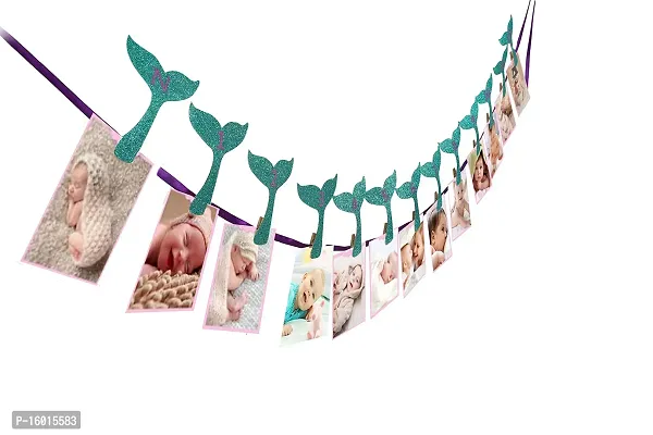 Festiko Mermaid Photo Banner, Sweet Heart First Birthday Photo Banner, Justborn to 12 Months Photo Banner, for Mermaid Party Decorations, Mermaid Party Supplies-thumb0