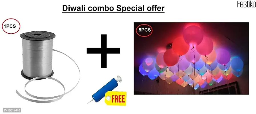 Festiko Curing Ribbon Balloons Combo for Diwali decoration/5pcs LED balloons/225M 1pcs Balloon Curling Ribbon/with 1pcs Free Mini Balloons Pump (Pack of 7)(Silver)