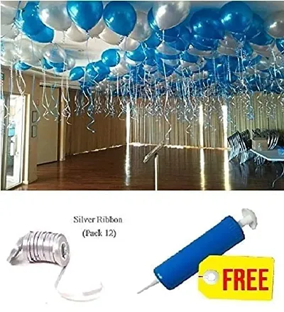 Festiko Metallic Balloons Blue and Silver 12pcs Curling ribbon with balloon Pump free decoration for birthday, Baby shower, Wedding, Anniversary festive decoration