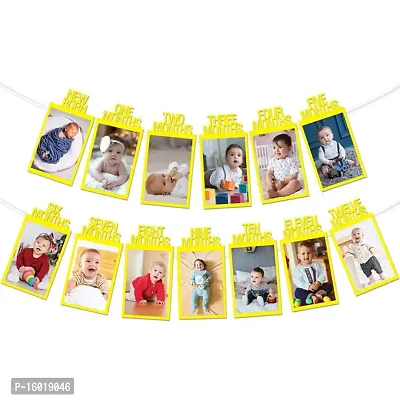 Festiko? New Born-Twelve Months Photo Banner Yellow (1 Set of Photo Banner  Ribbon), First Birthday Photo Banner For Kids, Monthly Milestone Photograph Bunting Garland
