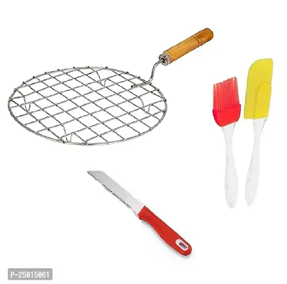 Durable Stainless Steel Roasting Net Roti Grill Chapati Grill Round Roaster Wooden Handle With Silicone Mini Oil Brush And Spatula Set And Stainless Steel Crysta Vegetable Knife4-thumb0