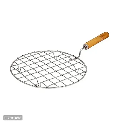 Durable Stainless Steel Roasting Net Roti Grill Chapati Grill Round Roaster Wooden Handle-thumb0