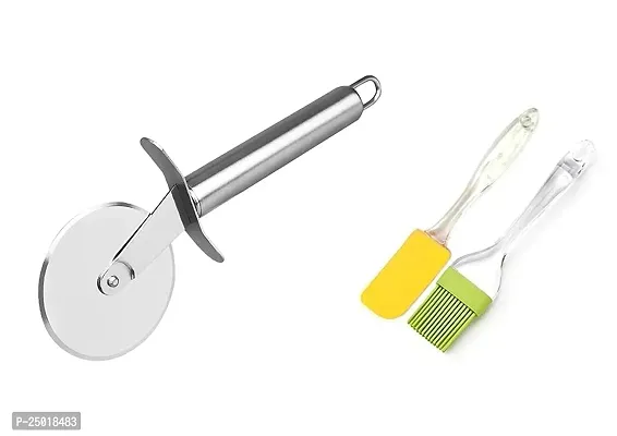 Durable Combo Of Stainless Steel Wheel Pizza Cutter With Silicon Mini Spatula And Oil Brush Set Of Pack Of 2-thumb0