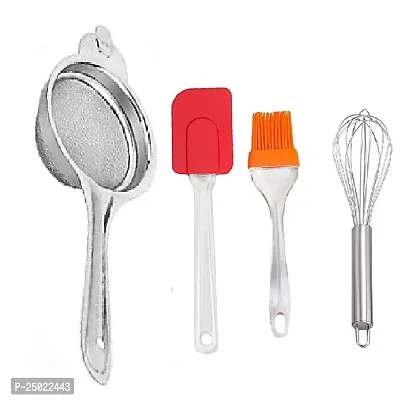 Durable Stainless Steel Tea Strainer With Silicone Big Spatula And Oil Brush Set And Stainless Steel Egg Beater Whisk Pack Of 4-thumb0