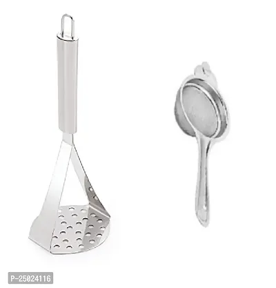 Durable Stainless Steel Potato Vegetable Pav Bhaji Big Masher And Stainless Steel Tea Strainer Pack Of 2-thumb0