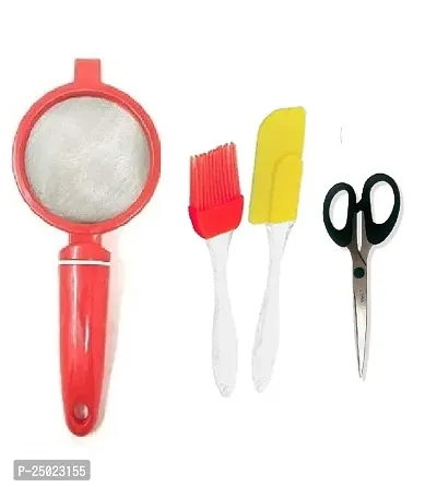 Durable Plastic Tea Strainer With Silicone Mini Spatula And Oil Brush Set And Multipurpose Mini Scissors Pack Of 4