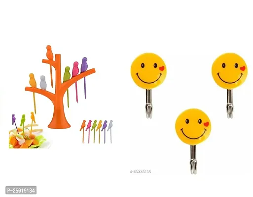 Durable Bird Fork Bird Fruit And Salad Fork Multicoloured 6 Forks In Bird Shape With Tree And Plastic Self Adhesive Smiley Wall Hooks, Wall Sticker Hook, Load Capacity Pack Of 2Kg Pack Of 2-thumb0