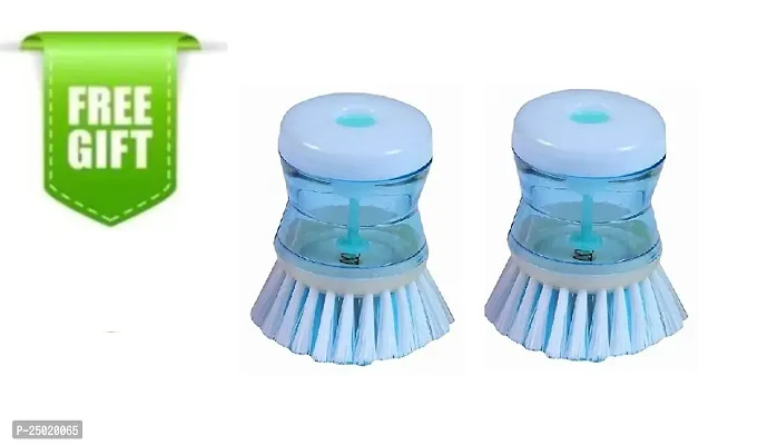 Durable Dish Washbasin Plastic Cleaning Brush With Liquid Soap Dispenser, Multicolour And Free Gift Pack Of 2-thumb0