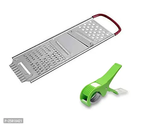 Durable Heavy Stainless Steel Potato Chipper Slicer And Grater Red Handle With Plastic Pack Of 2 In 1 Multipurpose Bhindi Cutter Pack Of 2-thumb0