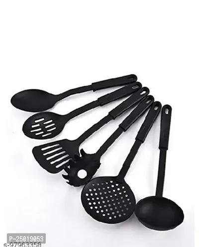 Durable 6 Pieces Set Nylon Heat- Resistant Non Stick Spoon Tools, Nylon Spatula Spoon Kitchen Cooking Utensil Tools Set black-thumb0