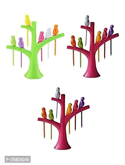 Durable Plastic Fruit Fork With Stand And 6 Fork Multicolor Bird Design Fancy Fruit Fork Pack Of 3 Stand And 18 Forks-thumb0