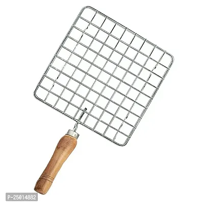 Durable Stainless Steel Roasting Net Roti Grill Chapati Grill Square Roaster Wooden Handle-thumb0