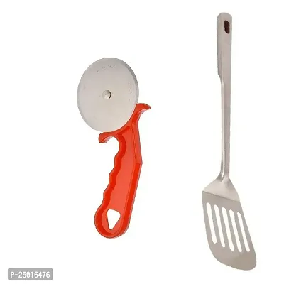 Durable Plastic Red Pizza Cutter And Ss Cooking Spoon Strainer Egg Palta With Long Handle Pack Of 2