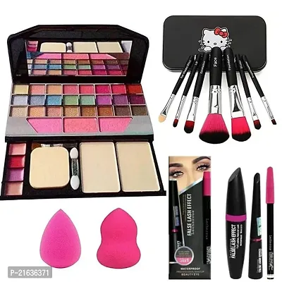Aneesho Women's  Girl's TYA 6155 Multicolour Makeup Kit and 7 Black Makeup Brushes, 3in1 Eyeliner Combo with 2 Makeup Pink Beauty Blenders - (Pack of 13)