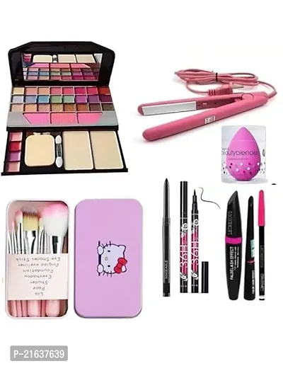 Aneesho TYA 6155 Multicolor Makeup Kit and 7 Pink Makeup Brushes,36H Eyeliner, 3in1 Eyeliner,Mascara,Eyebrow Pencil, Kajal, Pink Blender with Hair Straightener - (Pack of 15)