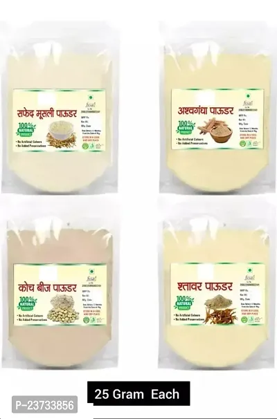Aneesho Safed Musli, Ashwagandha, Kaunch Seed, Shatavari Powder Combo (25 Grams each - 100g) - Testosterone Booster, Swet Musli Plus