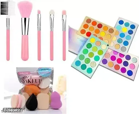 Aneesho Makeup Brushes 5 Pcs Set  Pack of 6 Washable Makeup sponges/ Blender/ Puff With Glazed Color Board Makeup Highlighters High Pigmented Professional Mattes and Shimmers, 60 Multi Colors Eye sha
