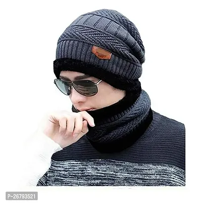 Classic Unisex Winter Woolen Cap Neck Scarf and Warm Beanie Cap Set Free Size-thumb0