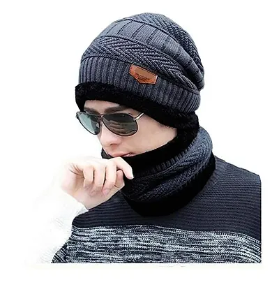 Classic Unisex Winter Woolen Cap Neck Scarf and Warm Beanie Cap Set Free Size