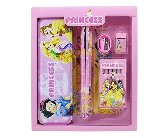 Aneesho multicolor Cartoon Printed Stationary Gift Set for Boys and Girls with Pencil Box Colour Set Pencil Eraser Scale and Sharpener 6 in 1 Stationary Kit for Birthday Gifts