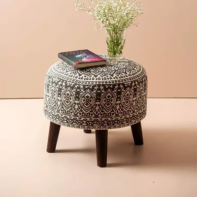 Stool for Living Room sitting printed ottoman upholstered foam cushioned pouffe puffy for foot rest home furniture with 4 wooden leg